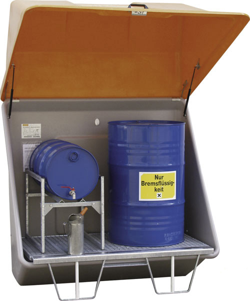 46d8313e7fe7de41d0a82a9cea63d6c6 Beispiel Schadstoff-Sammelstation mit Gitterrostboden für Aufstellung im Freien