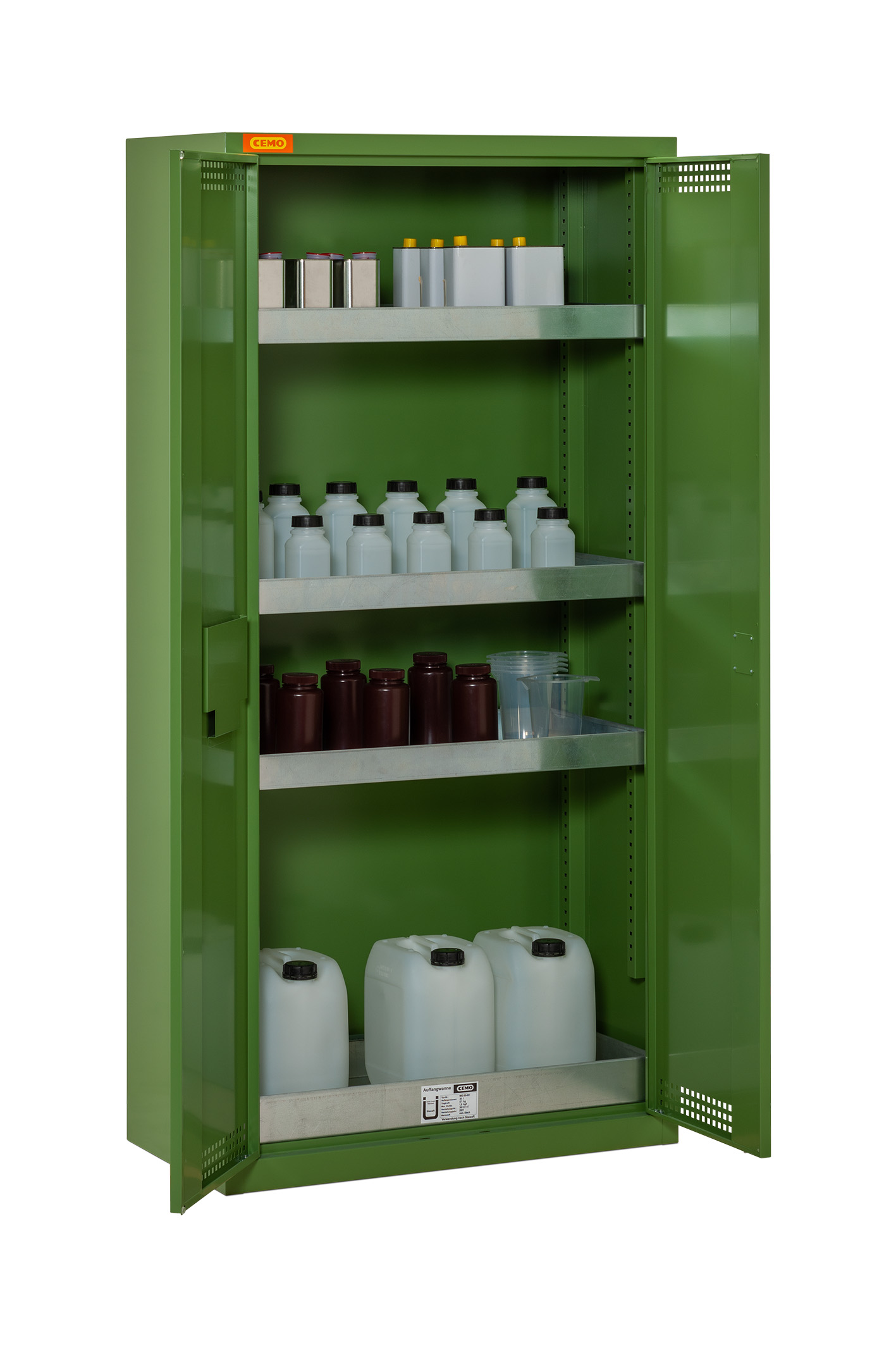 11393_Pflanzenschutzmittel-Schrank_offen_2021-03 Beispiel Pflanzenschutzmittel-Schrank 10/20 mit 3x Wannenboden und 1x Bodenauffangwanne  (Lieferung ohne Inhalt)