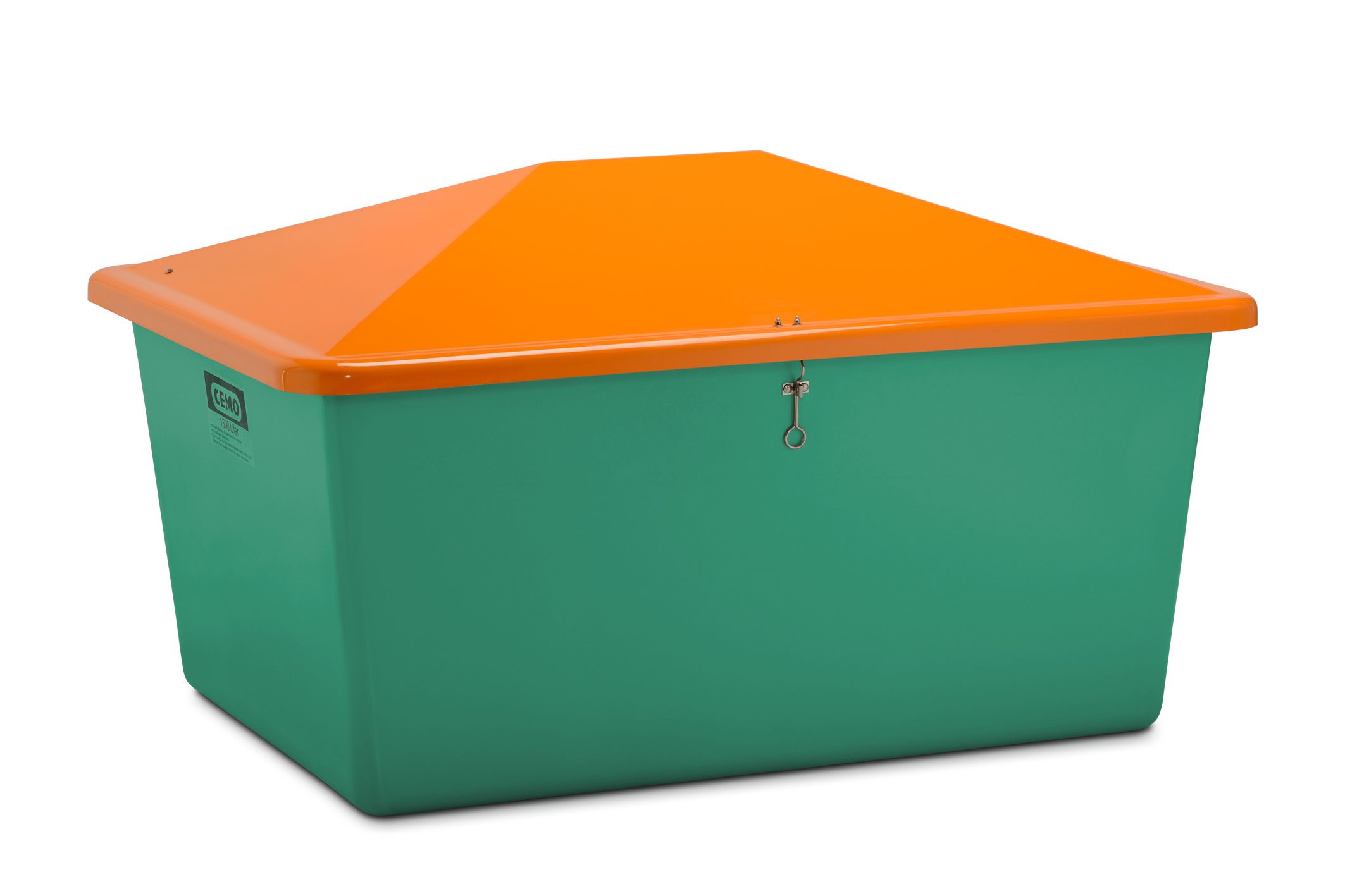 Streugutbehälter aus GFK ab 550 Liter, Entnahmeöffnung,  Behälter grün, Deckel orang Streugutbehälter aus GFK ab 550 Liter, Behälter grün, Deckel orangte