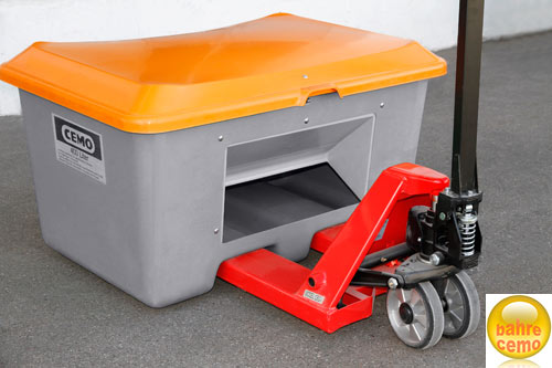 Streugutbehaelter-400l-grau-unterfahrbar_mit-Stapler Beispiel Streugutbehälter Plus3, 400 Liter, mit Entnahme-Öffnung, unterfahrbar mit Hubwagen