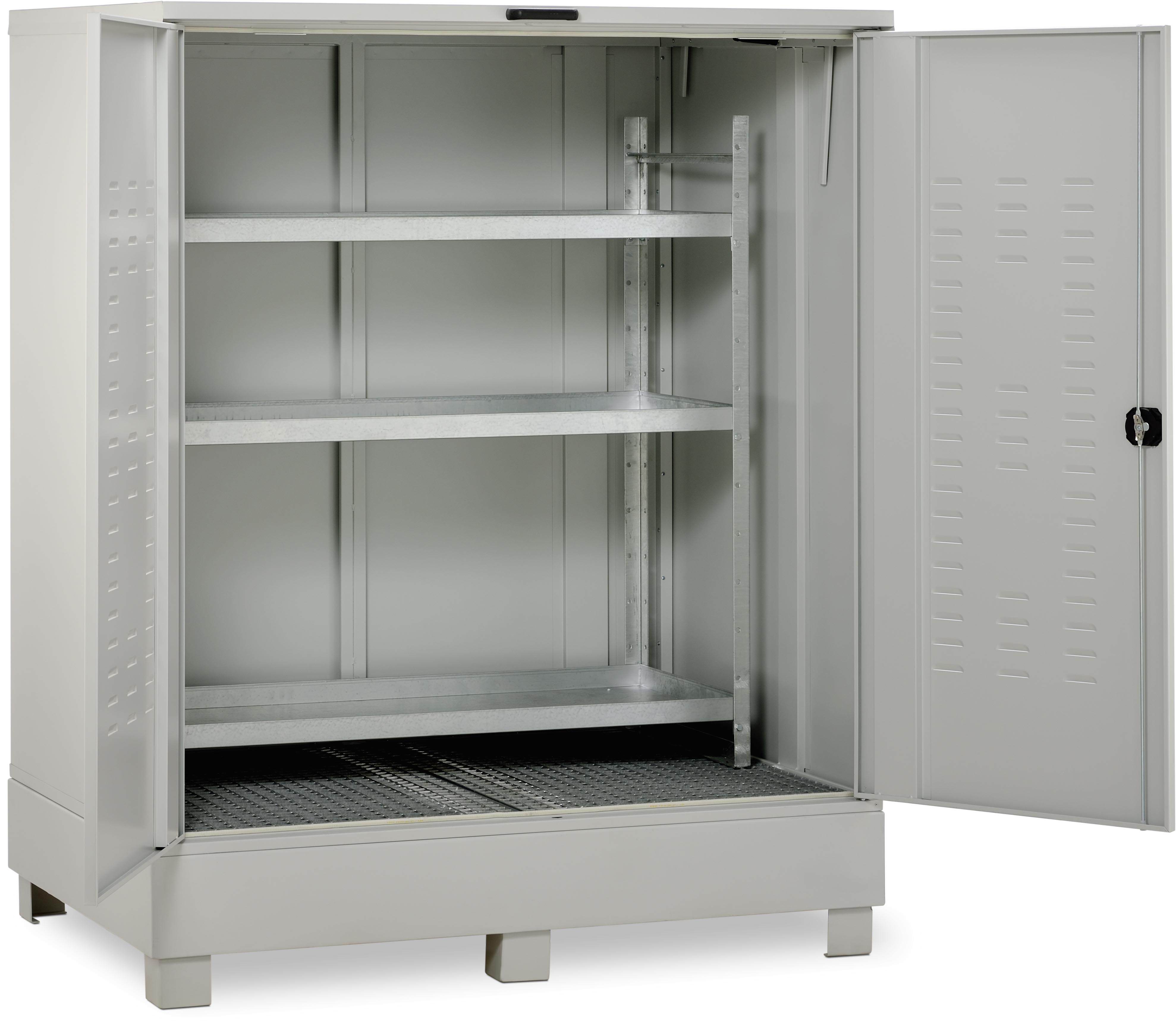 Gefahrstoffdepot aus Stahl offen mit Kleingebinderegal Gefahrstoffdepot aus Stahl offen mit Kleingebinderegal