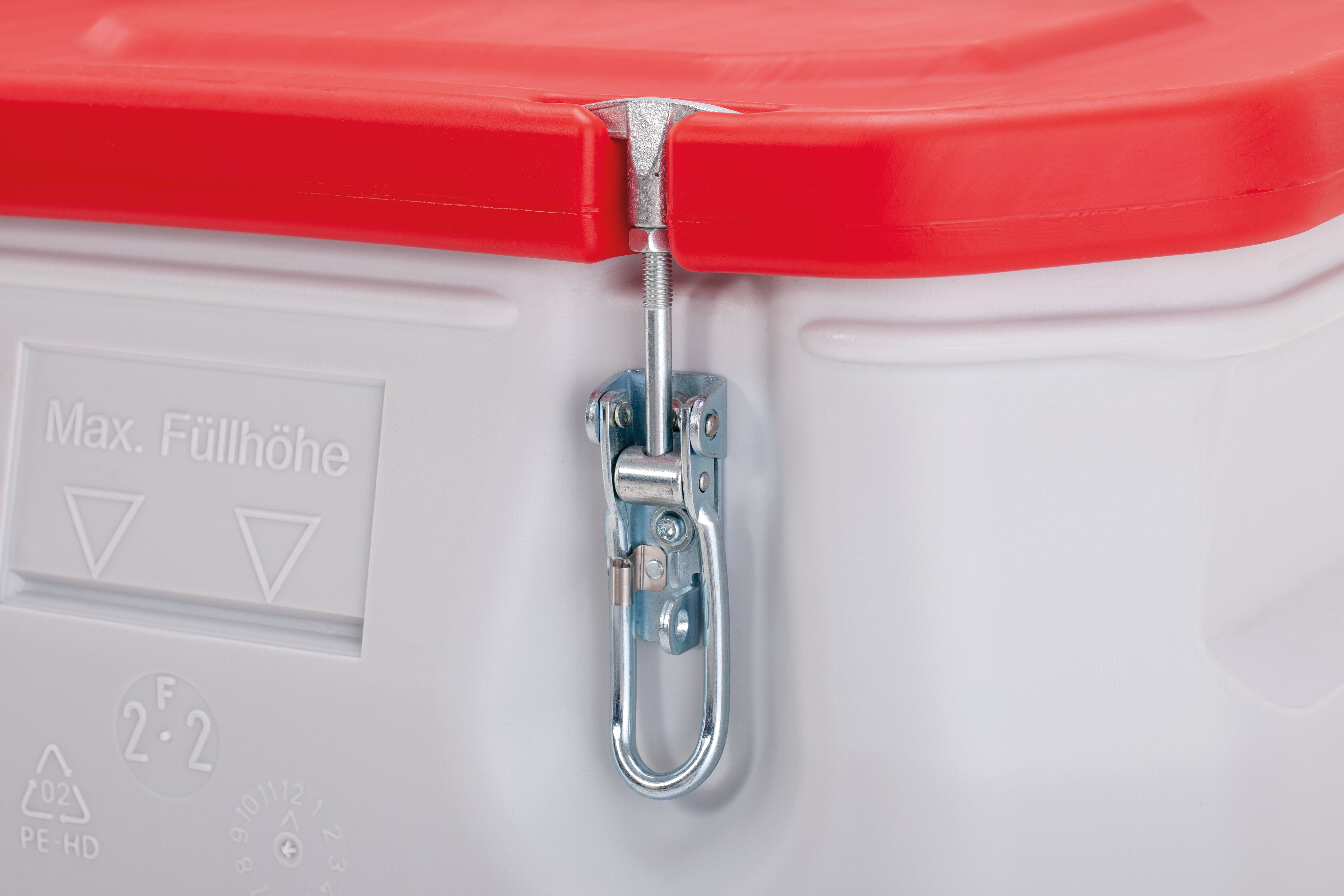 Mobil-Box Deckel mit abschließbarem Mechanismus – Metallbügel und Arretierfeder, Blechbox, Kunststoff, rot, Gehäuse, Schloss