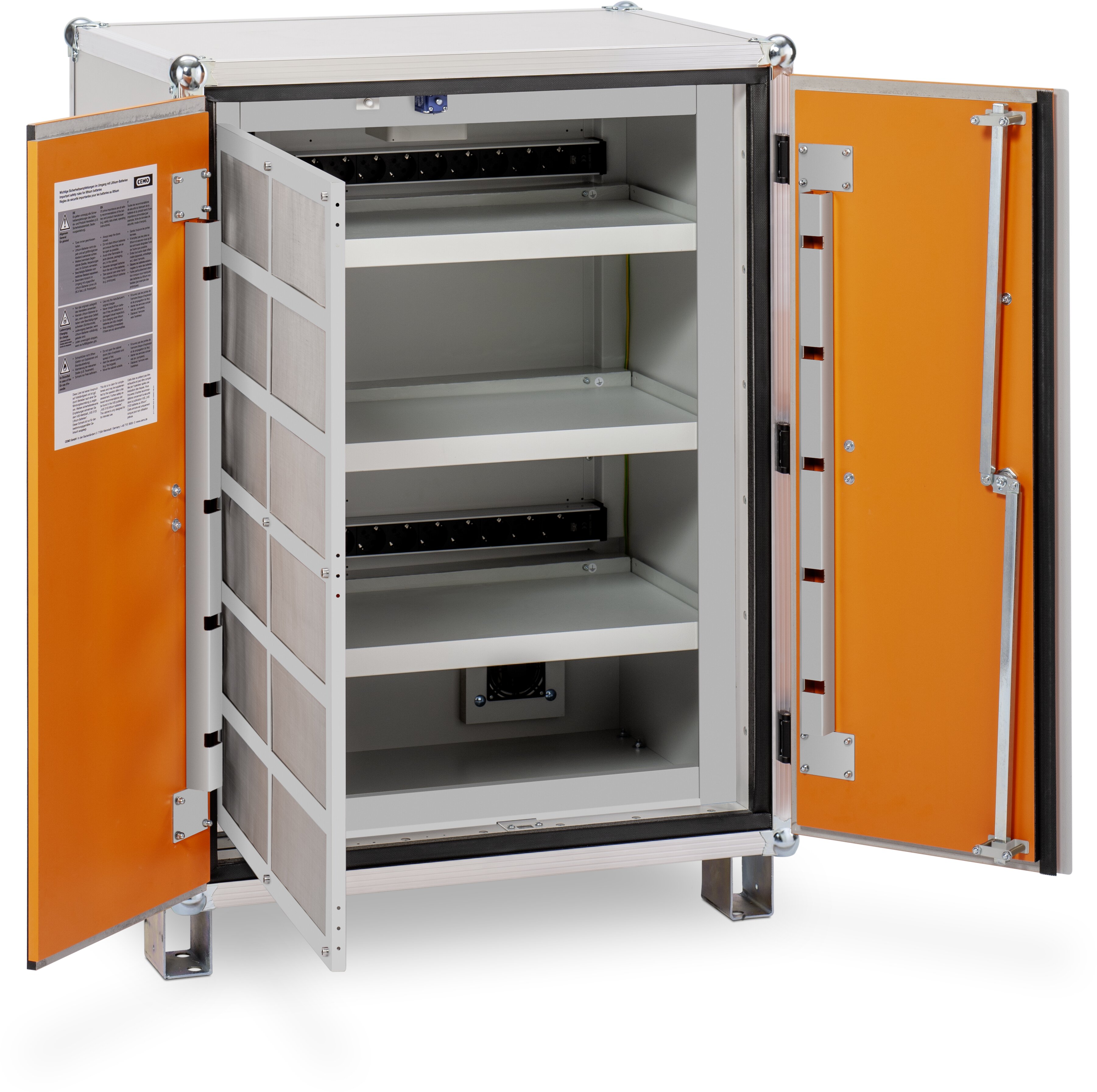 Schrank, Kühlgerät, Stahlkoffer, orange Türen, Regal mit Schubladen
