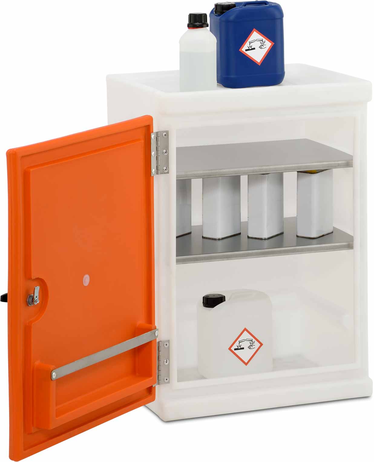 11196_01 Beispiel PE-Umweltschrank S mit integrierter Auffangwanne und abschließbarer Flügeltüre