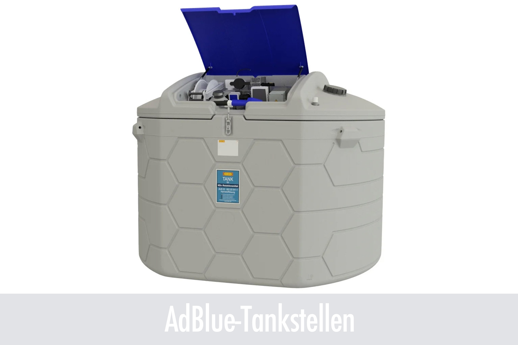 tank, storage, container, blue lid, hexagonal pattern, tank, kraftstoff, lagerung, rechteckig, blauer-kappe, tank, kraftstoffbehälter, behälter, kunststoff, sechseckmuster, Tank, Tankstelle, Abfüllbehälter, Polyethylen, Grau