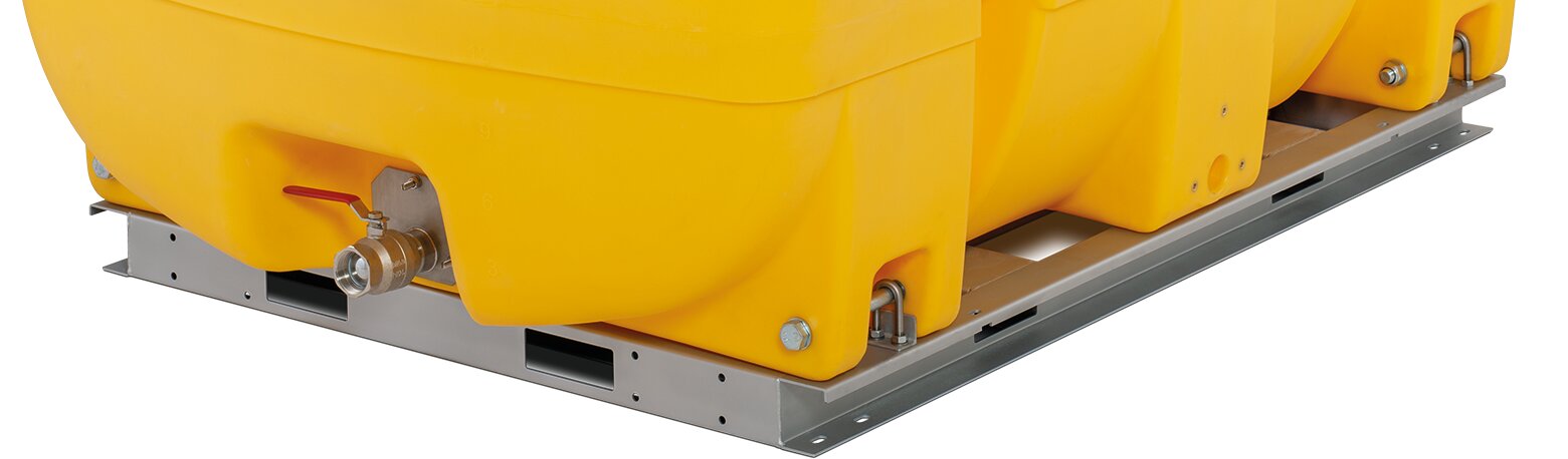 gelber Tank, Lagerbehälter, Metallpalette, Ventil, Auslass