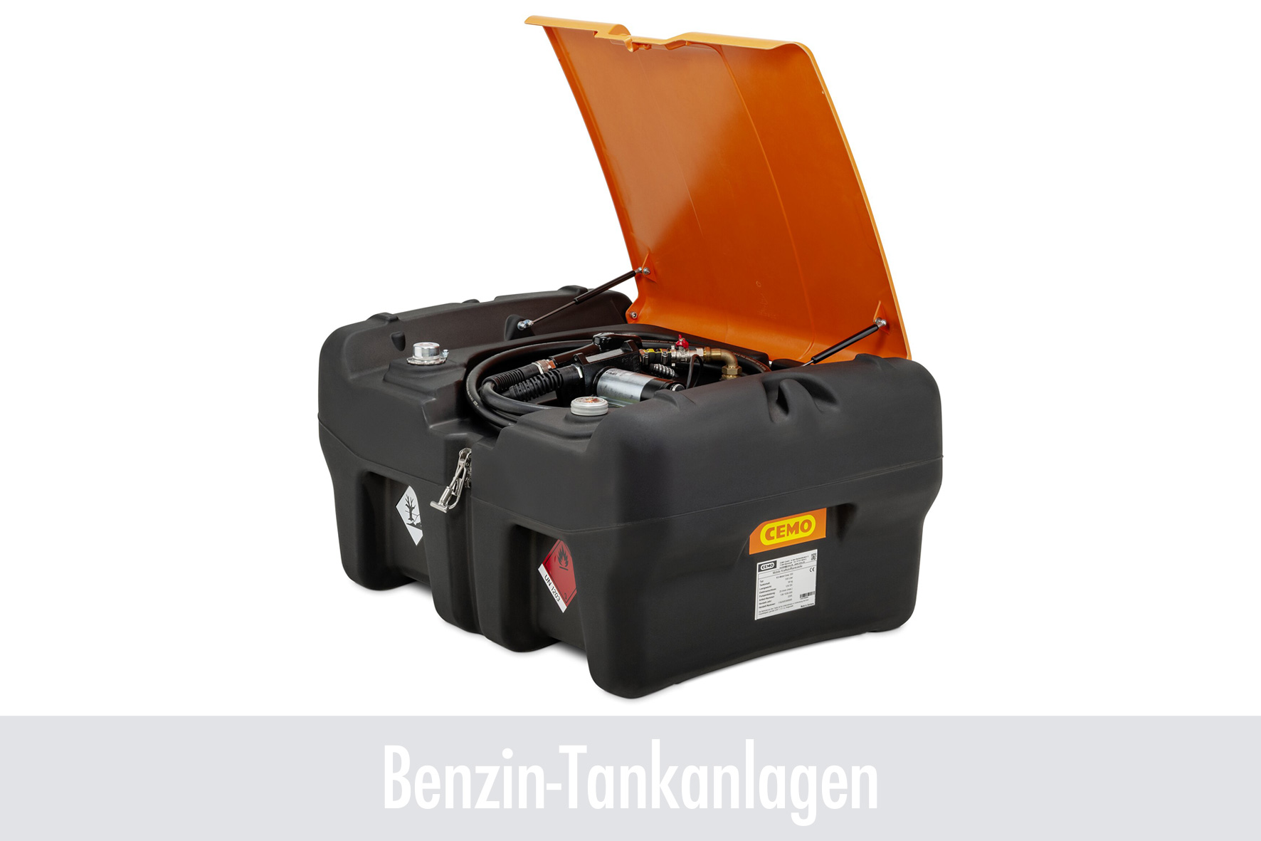 Kraftstofftank, Benzintank, orange Deckel, Schwarz Tank, Kraftstoffbehälter, Gasmotor, Benzin Tank, Kraftstoffbehälter, Kraftstofftank, Container