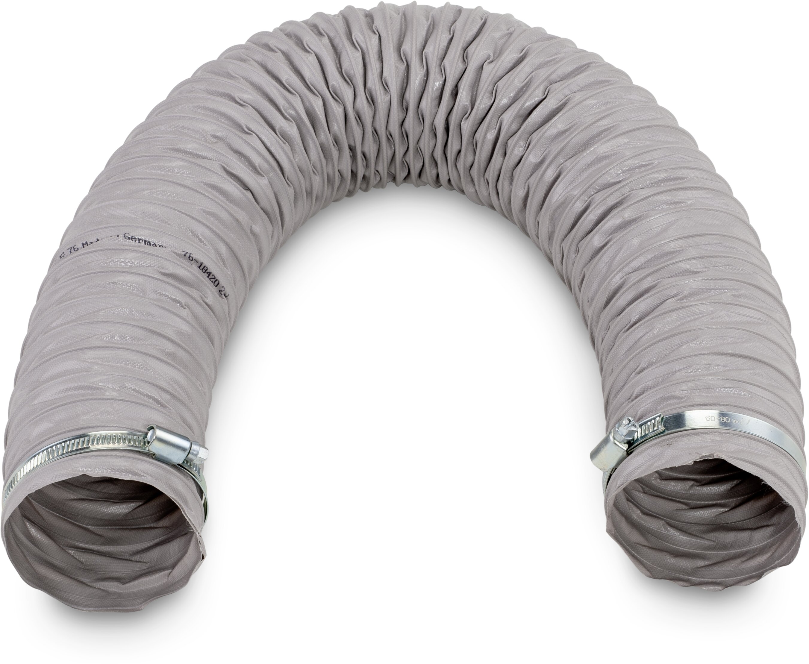 Abluftschlauch, Flexschlauch, Graues Gewebe, Gerippte Oberfläche, Metallschellen