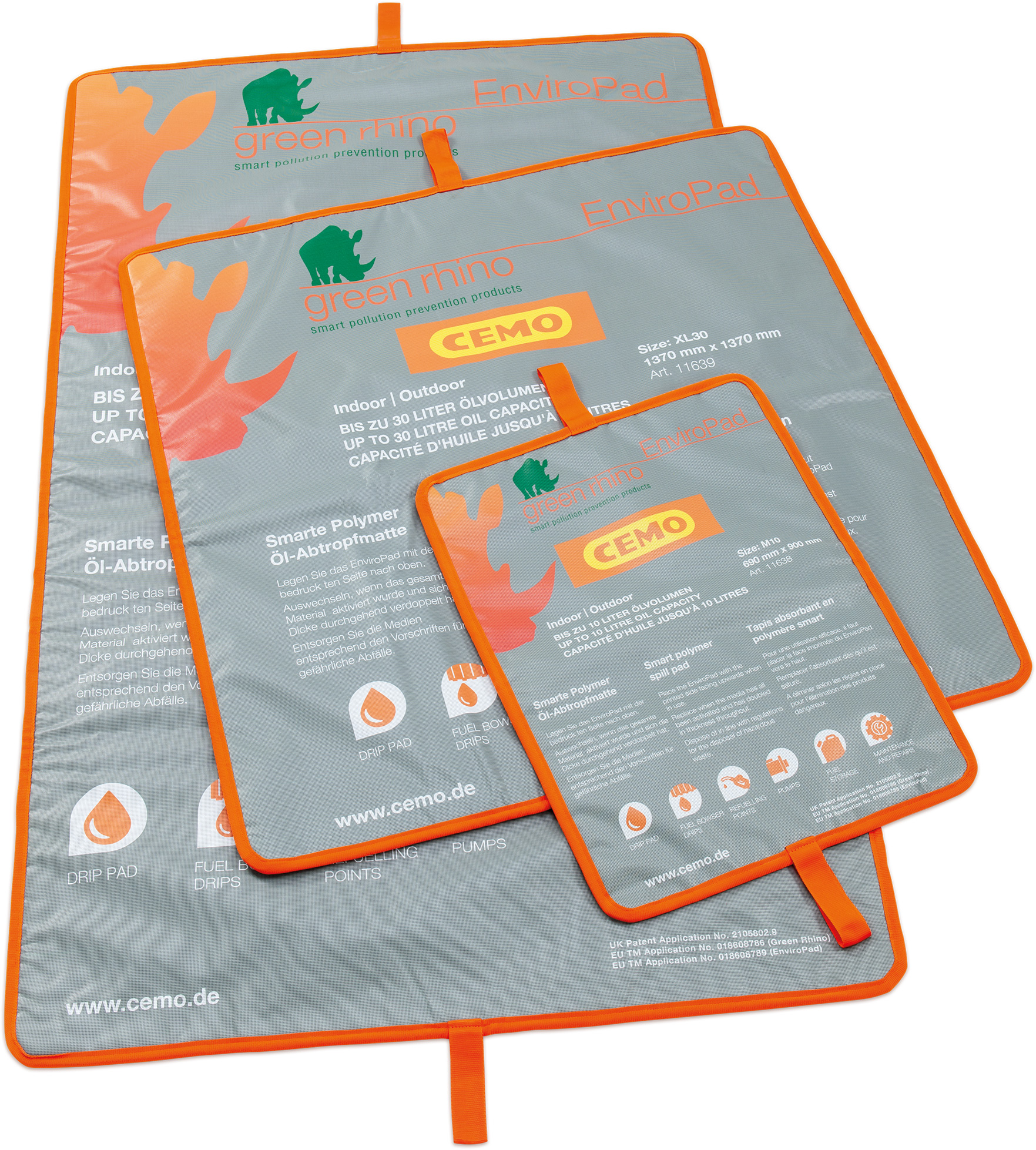 11638-11640_Gruppe Öl-Abtropfmatte XXL4 – Cemo 11640 – Abbildung mit allen drei verfügbaren Gößen