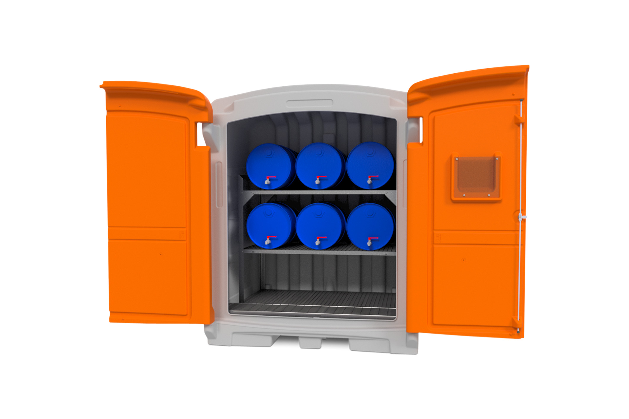 11550_01_Gefahrstoffdepot_220L_mit-Fassregal_Sicherheitsrost_zusatzlGitterrost_2021-02 Beispiel PE-Gefahrstoffdepot 220/2 mit Fassregal Typ 360 als 3. Lagerebene