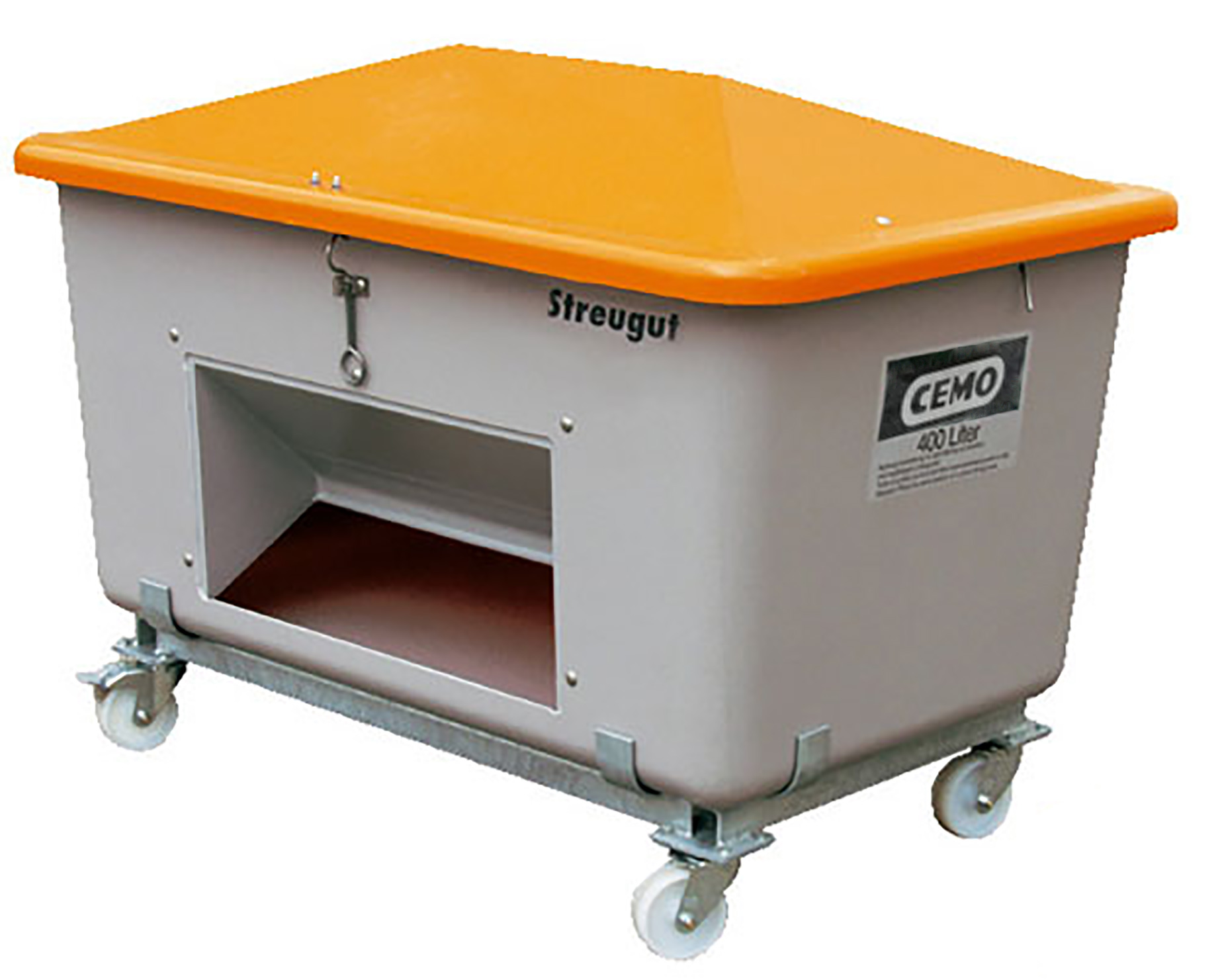 Streugutbox mit Entnahme auf Lenkrollengest_5-08 Streugutbox mit Entnahme auf Lenkrollengest_5-08