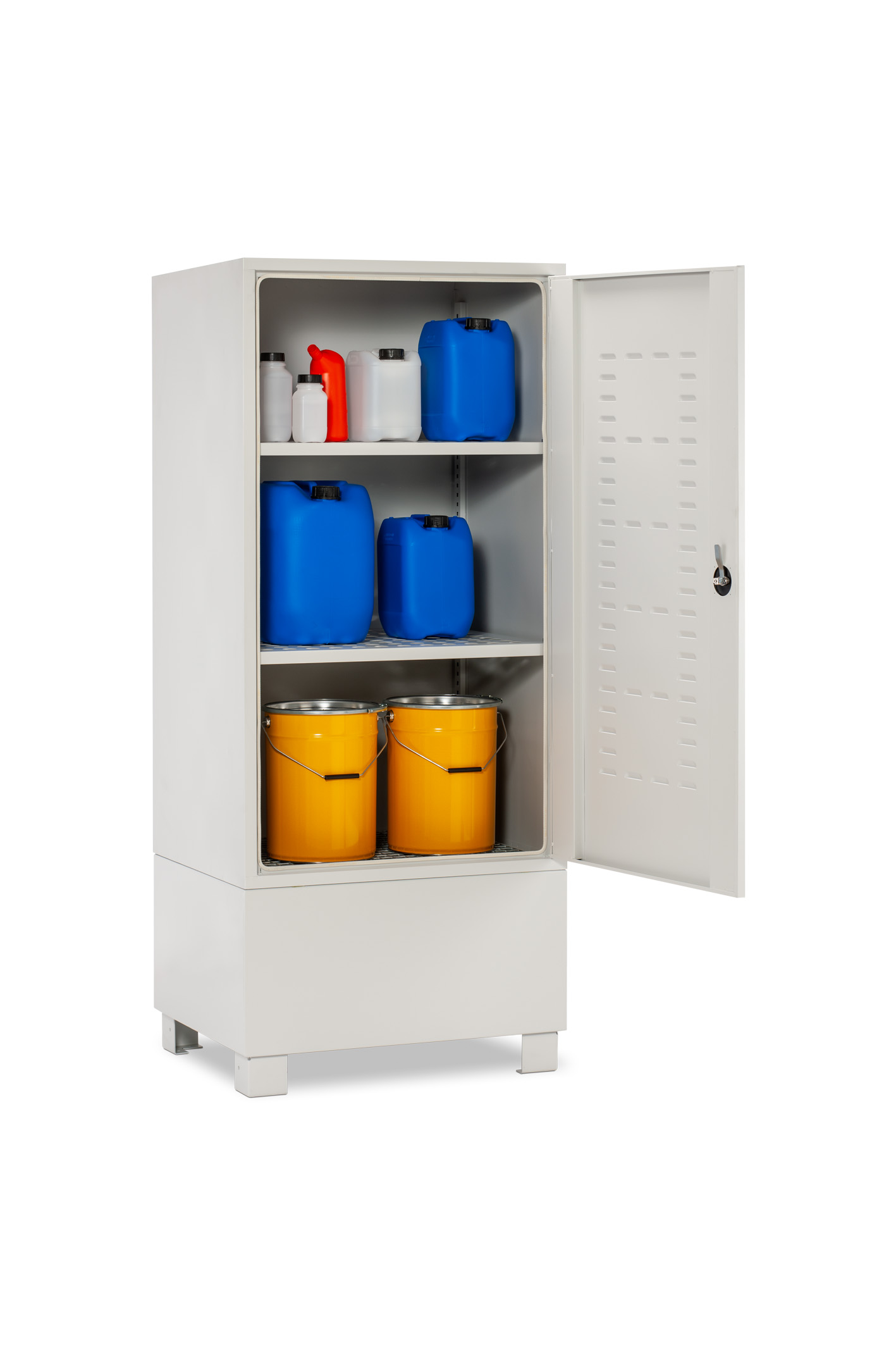 11699_05_Gefahrstoffdepot_-11701_Fachboden_2022-04 Beispiel: Cemo Gefahrstoffdepot 11699 kompakt 220 mit gelochten Fachböden für Kanister und Kleingebinde