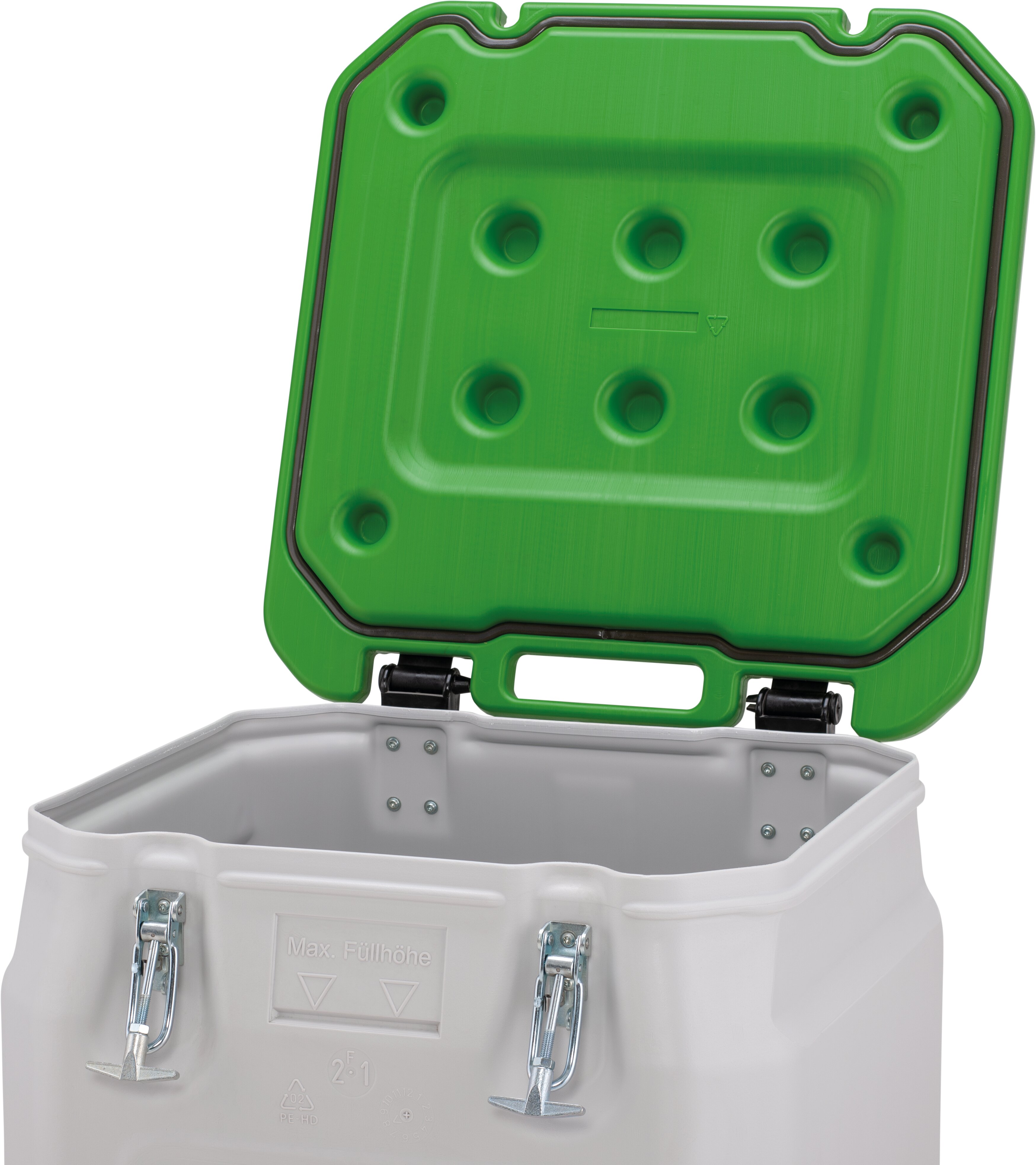 Koffer, Kunststoffkoffer, grüner Deckel, Kofferhalterung, Kofferinnenraum