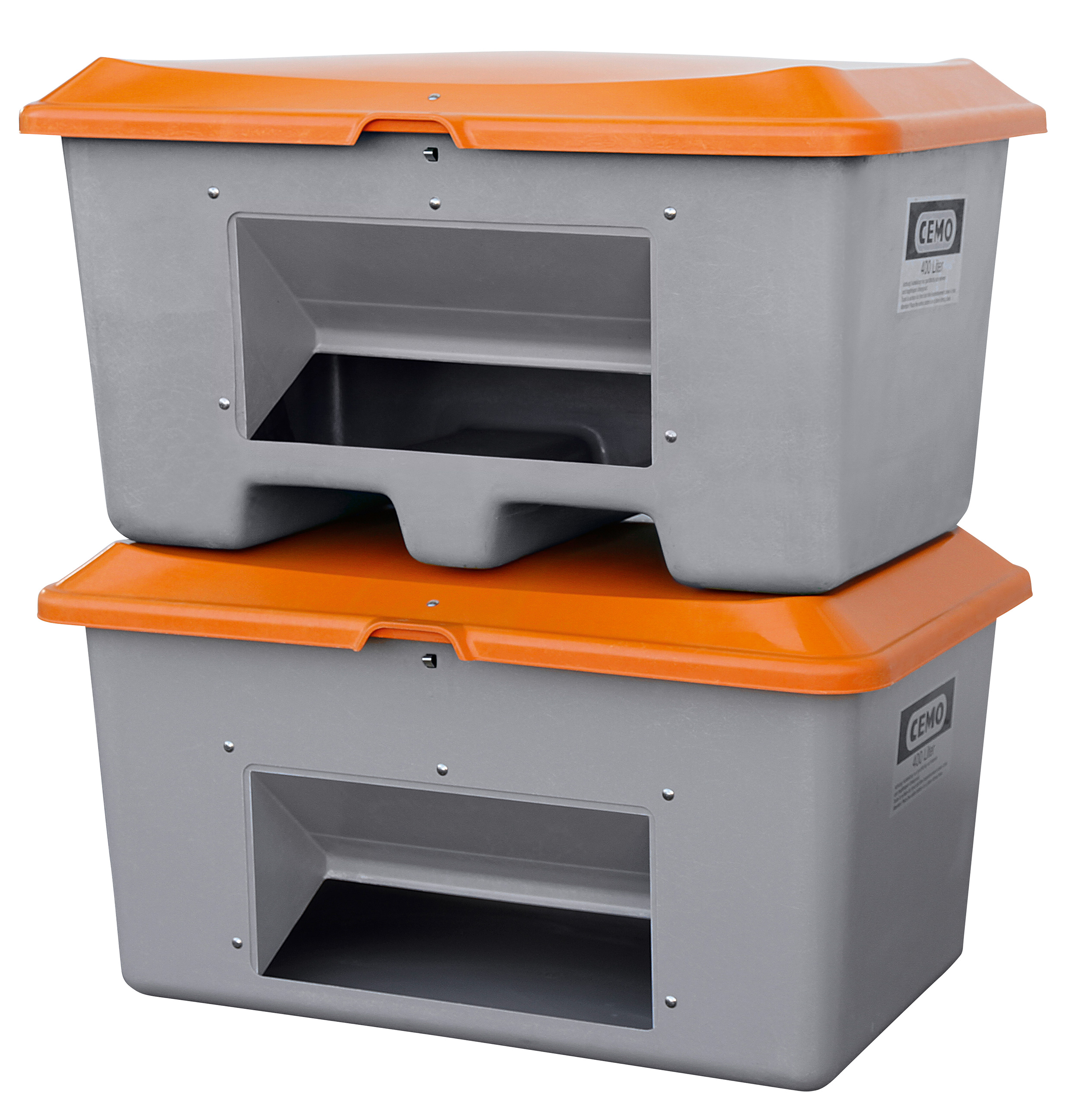 Streugutbehaelter-400l-grau-unterfahrbar-mit-Entnahmeoeffnung_gestapelt_grau-grau_10527 Beispiel Streugutbehälter Plus3 mit Staplertaschen, stapelbar