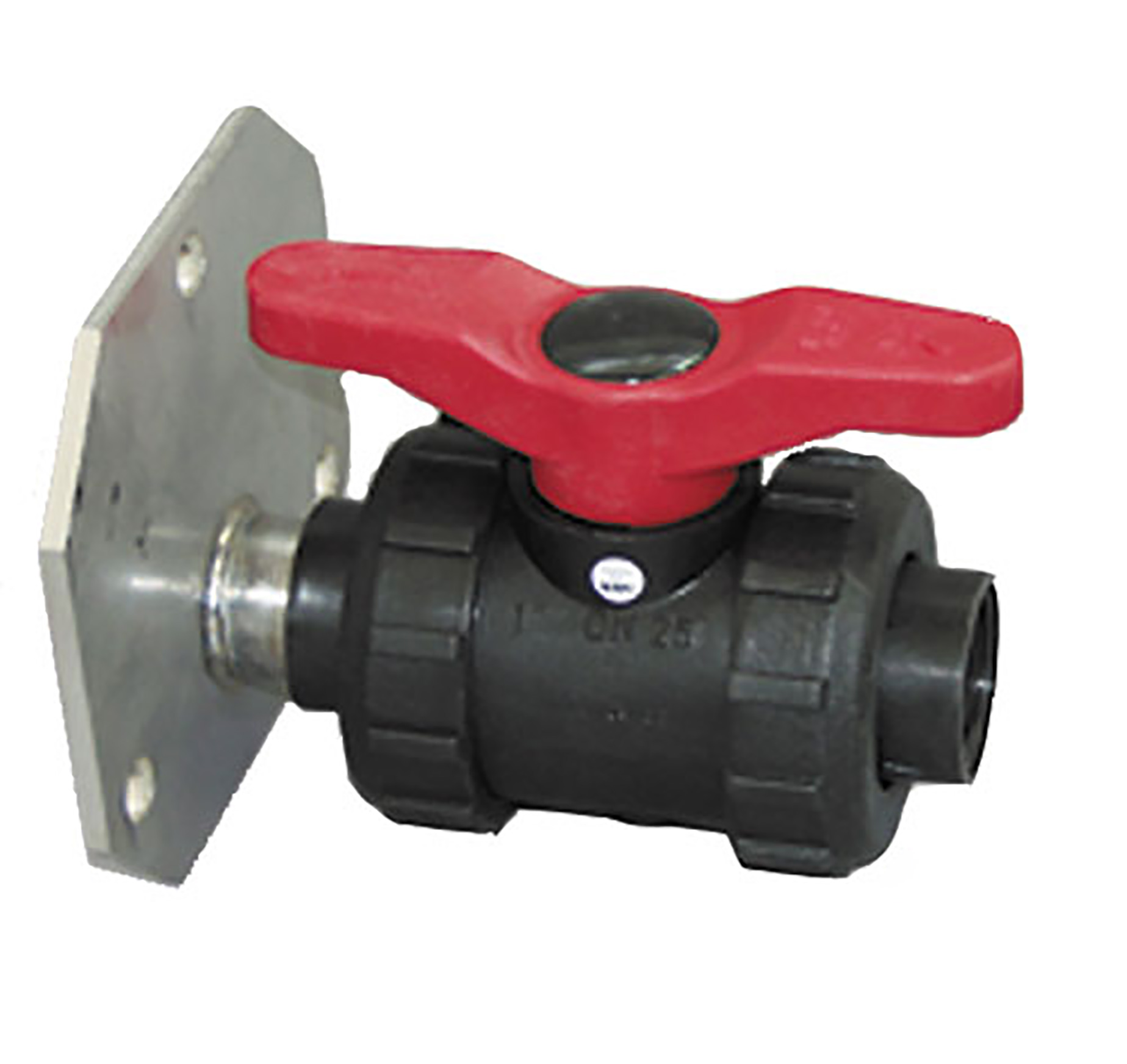 bc75bd7a5bc54dc0bbc3aedcf367784f PVC-Kugelhahn, 2" IG mit Edelstahl-Flanschplatte