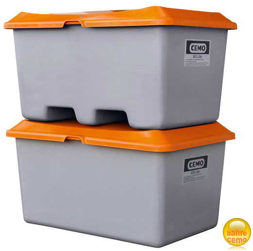 REB-400l-grau-grau-unterfahrbar_gestapelt_10585 Beispiel gestapelte GFK-Rechteckbehälter 400 Liter in grau mit Stapeldeckel