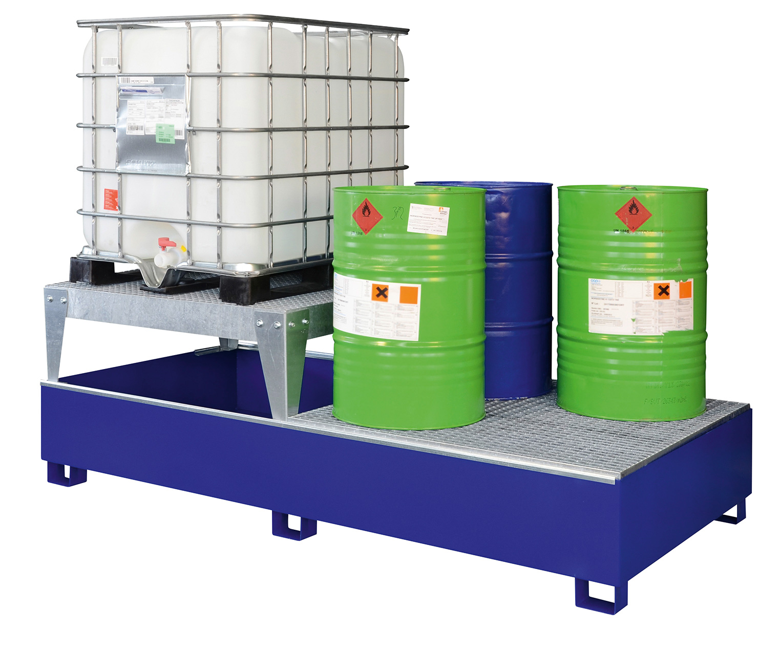 IBC-Auffangwanne-GS2-lackiert_7394 Beispiel IBC-Auffangwanne GS2 aus Stahl lackiert mit Abfüllbock