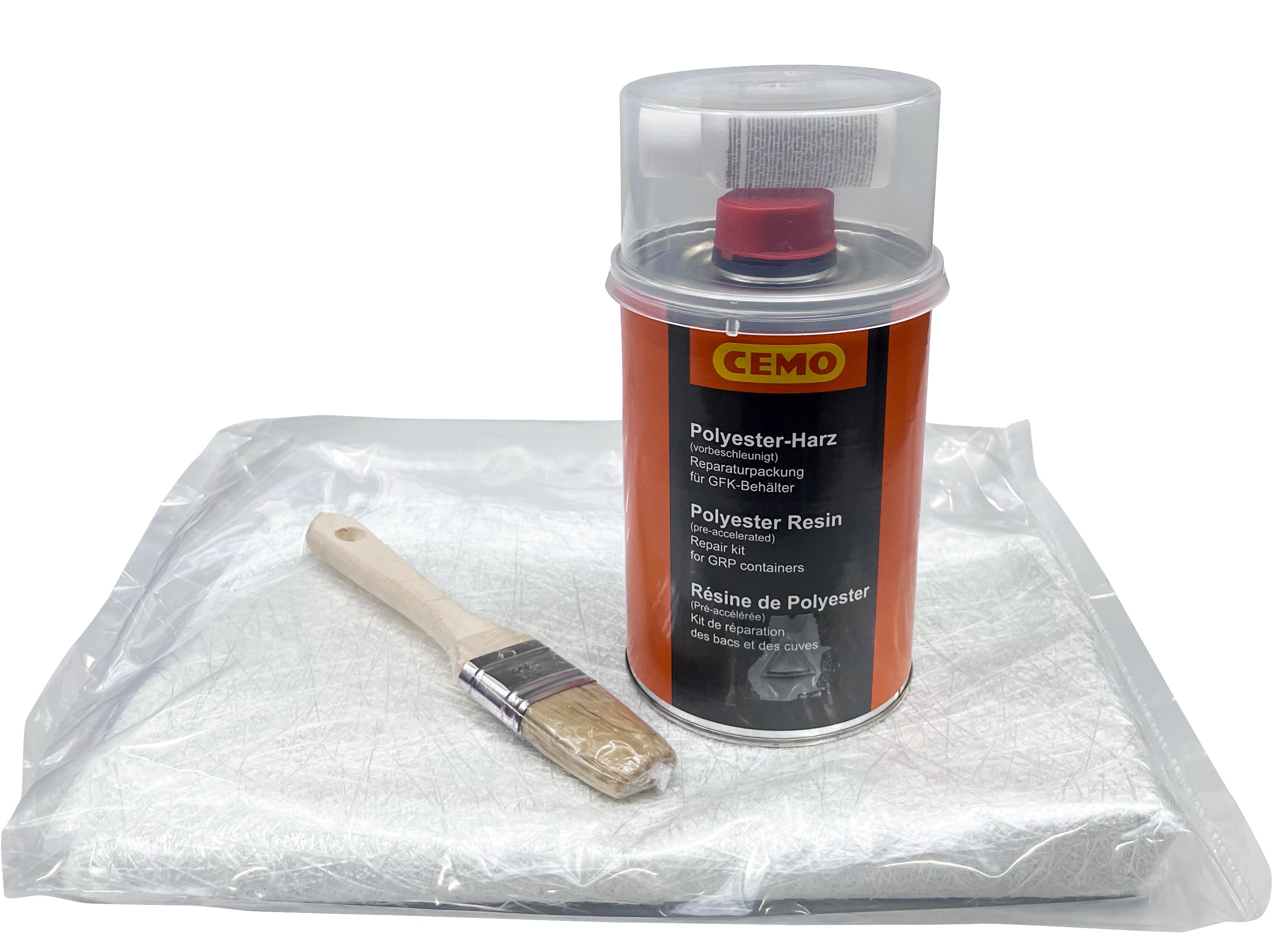 Polyester-Harz, Polyester Resin, Reparaturkit, Werkzeugset, Spritzschutz-Container