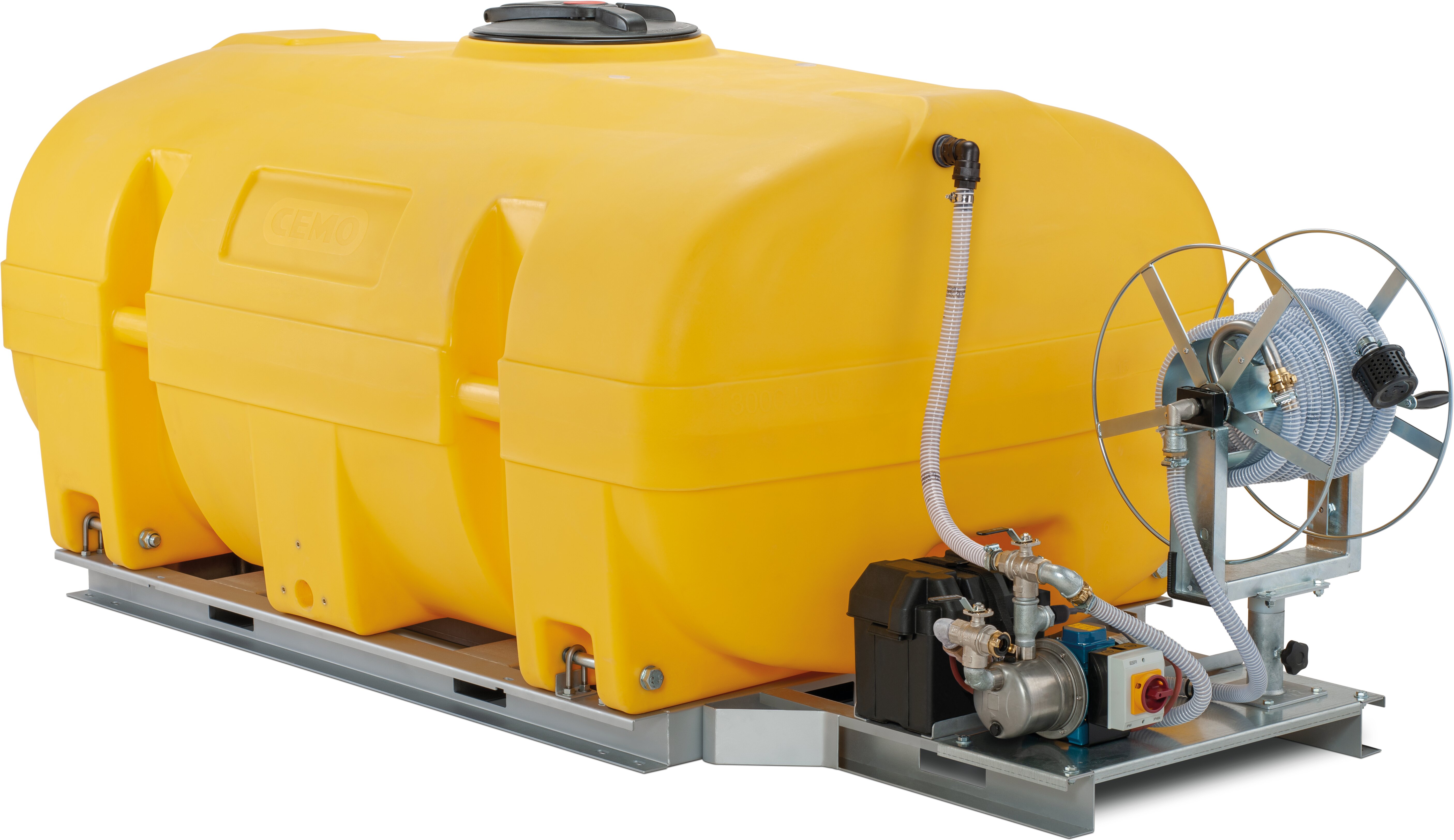 tank, Wassertank, gelber Tank, Schlauchwinde, Industriepumpe