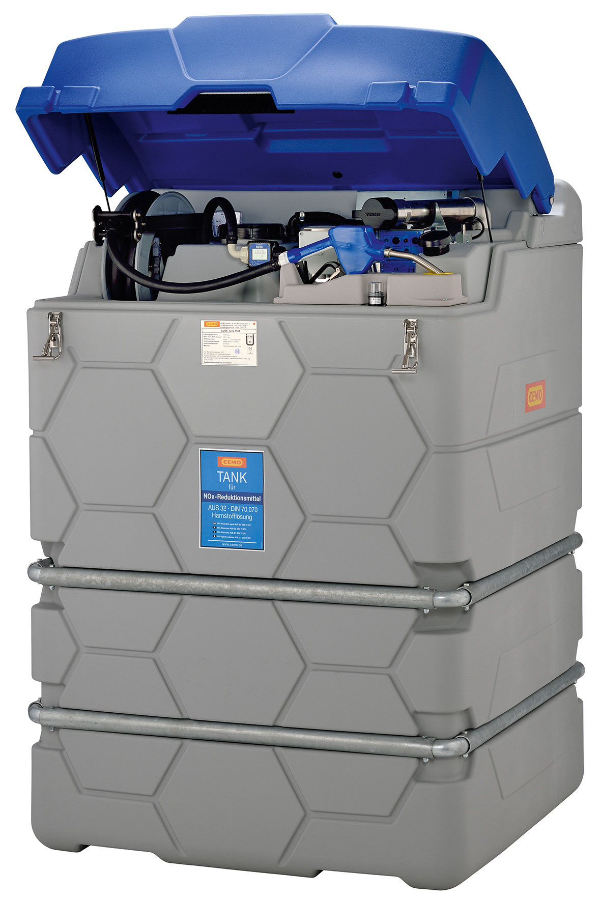 Outdoor-Premium AdBlue®-CUBE-Tank 1500 Liter mit Klappdeckel und Schlauchaufroller