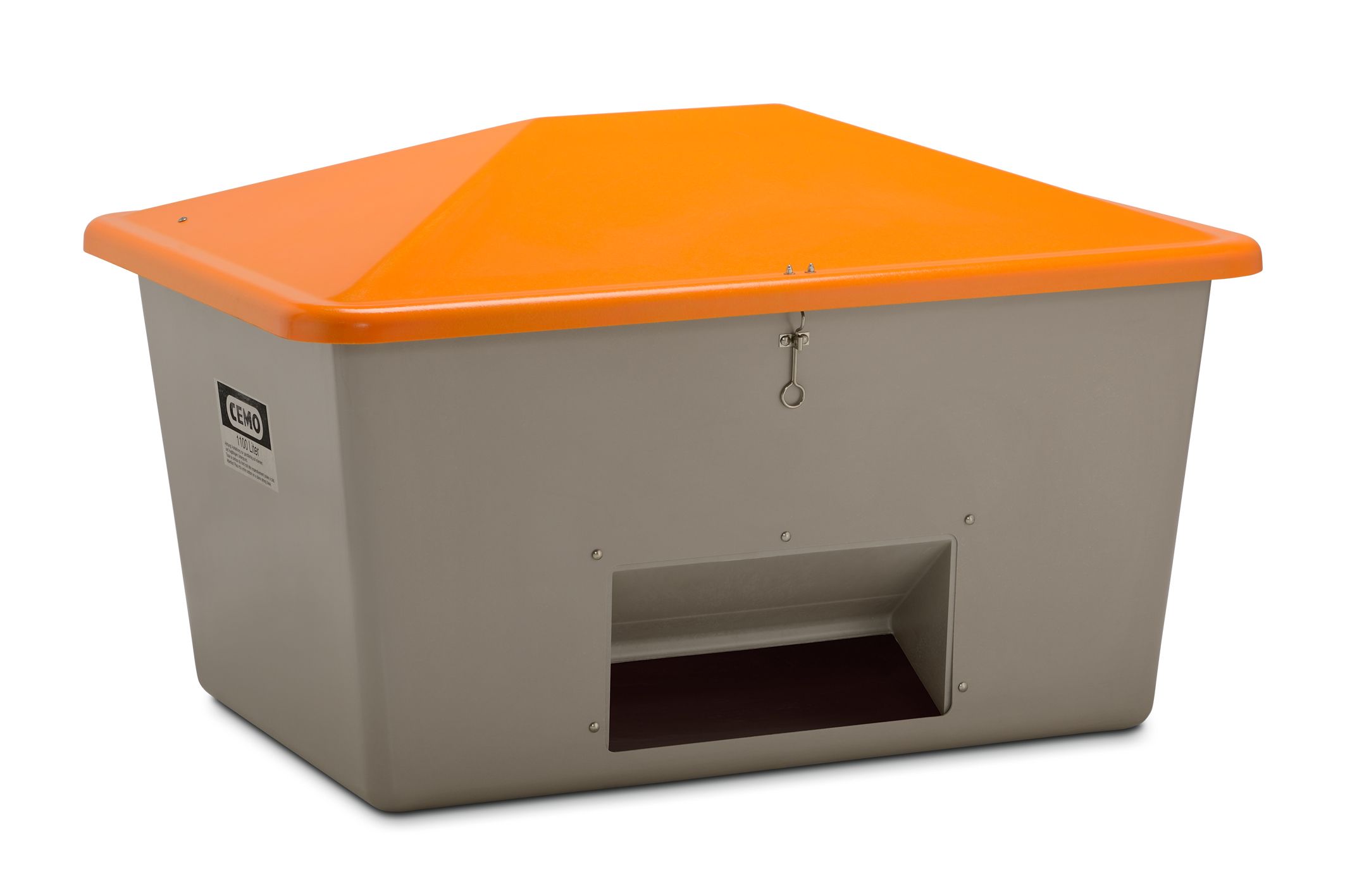 Streugutbehälter aus GFK ab 550 Liter, Entnahmeöffnung, Behälter grau, Deckel orange