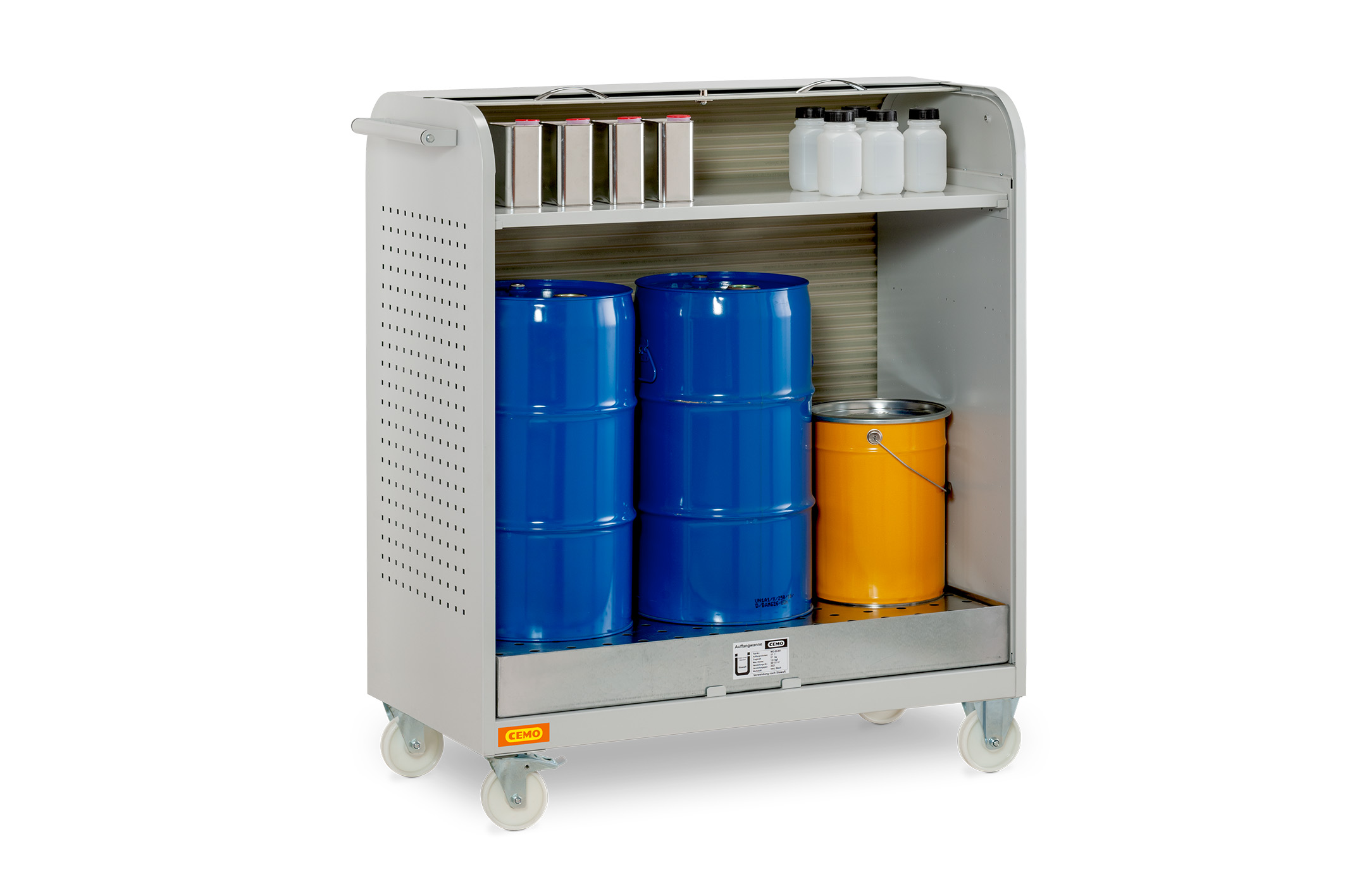 11394-11400_Mobiles_Gefahrstoffdepot_offen_2021-03 Mobiles Gefahrstoffdepot mit Fachboden und Bodenauffangwanne