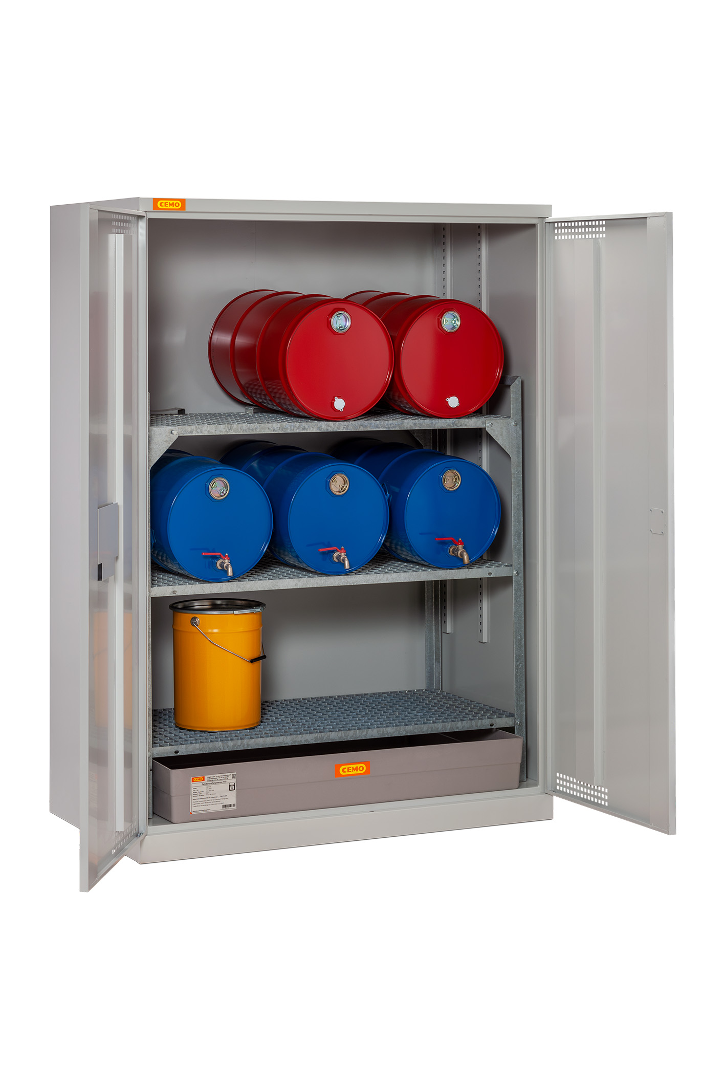 11567-6817_Fassschrank_14-20_2021-03 Beispiel: Fassschrank 14/20 mit GFK-Bodenauffangwanne und Fassregal Typ 360