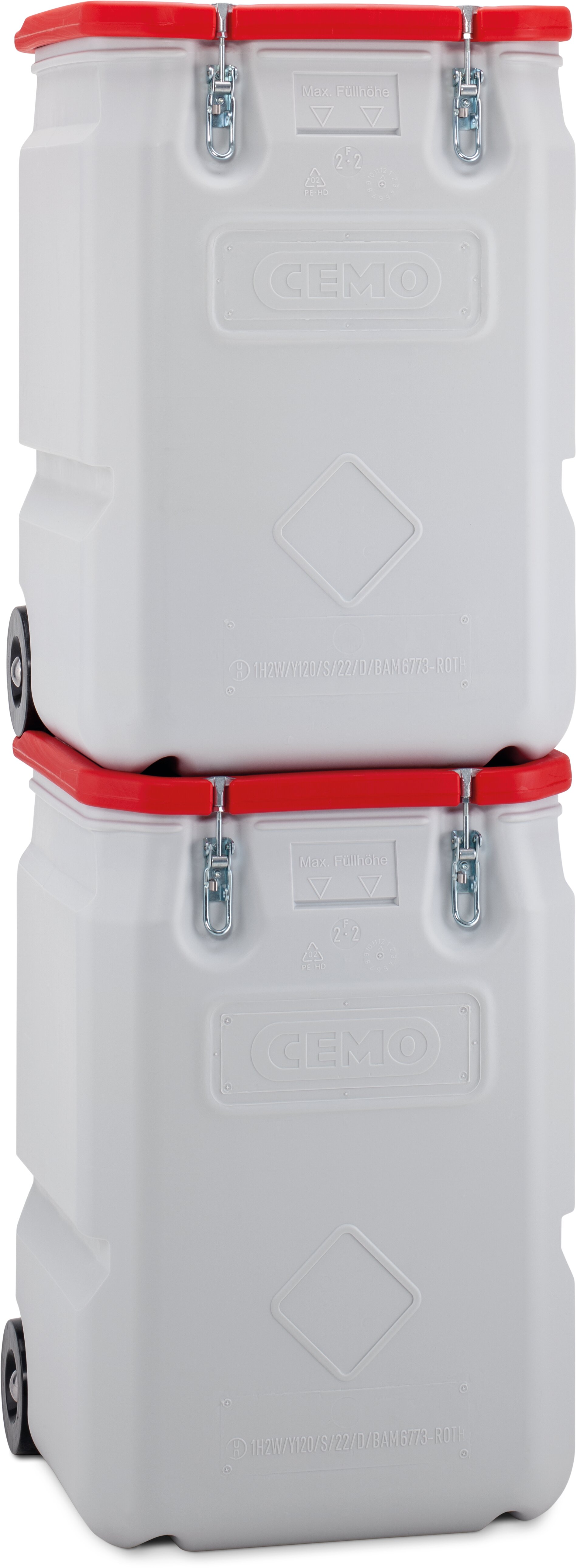 Beispiel Mobil-Box 250 und 170 Liter Variante Deckel rot – gestapelt, sturdy containers, storage box, stackable, plastic jerry can, red lids