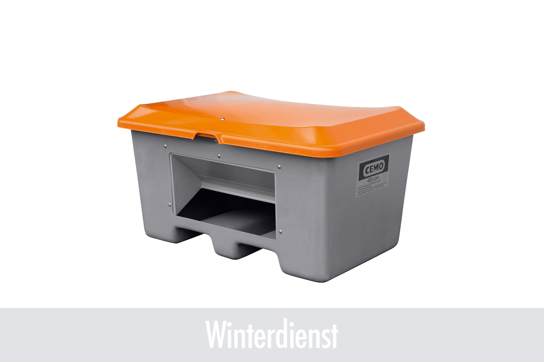 Kasten, Aufbewahrungsbox, orange Deckel, Stahl/Plastik, Winterdienst, Werkzeugbox, Kasten mit Deckel, orange Deckel, Grau Plastik, Winterdienst, Abfallbehälter, Mülltonne, Kunststoff, orange Deckel, Größeneinheit 400 Liter, Kasten, Kasten mit Deckel, oran
